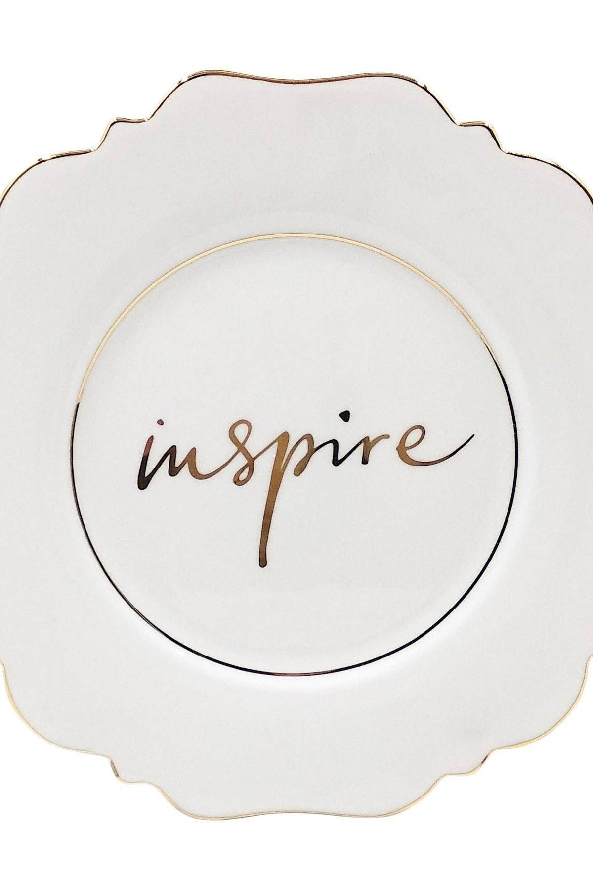 Decorative plate with 'inspire' text on a white background