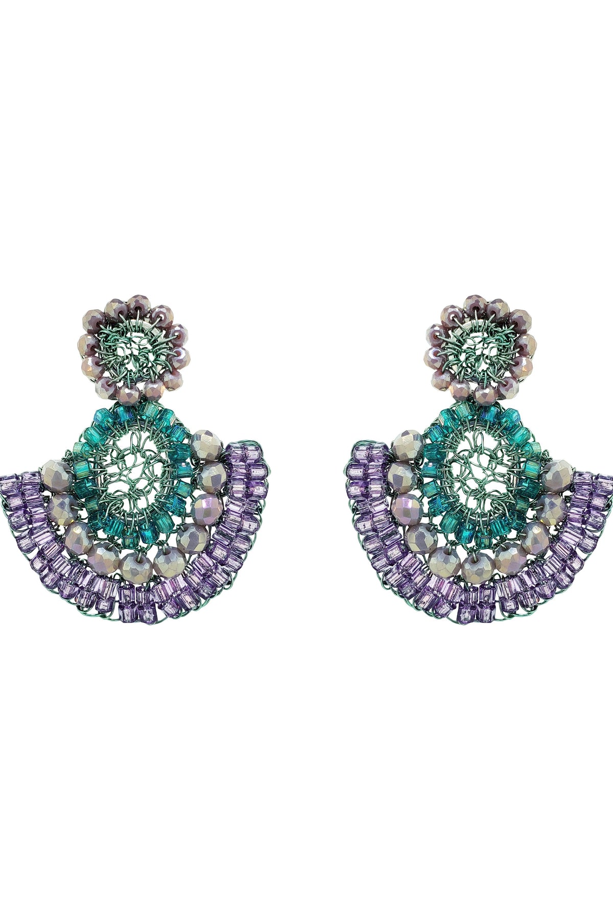 Pair of earrings with green and purple gemstones on a white background