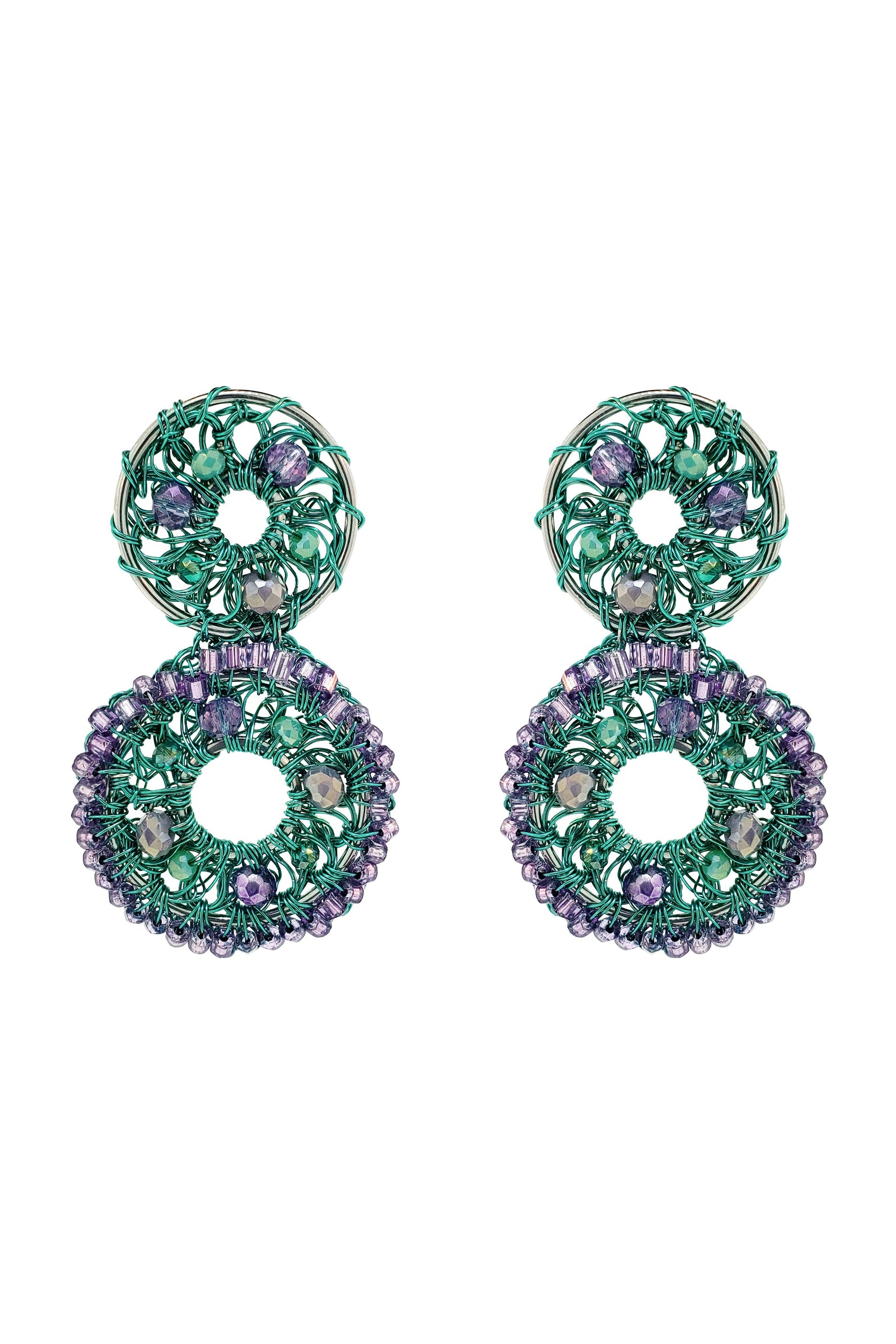 Pair of green and purple beaded earrings on a white background