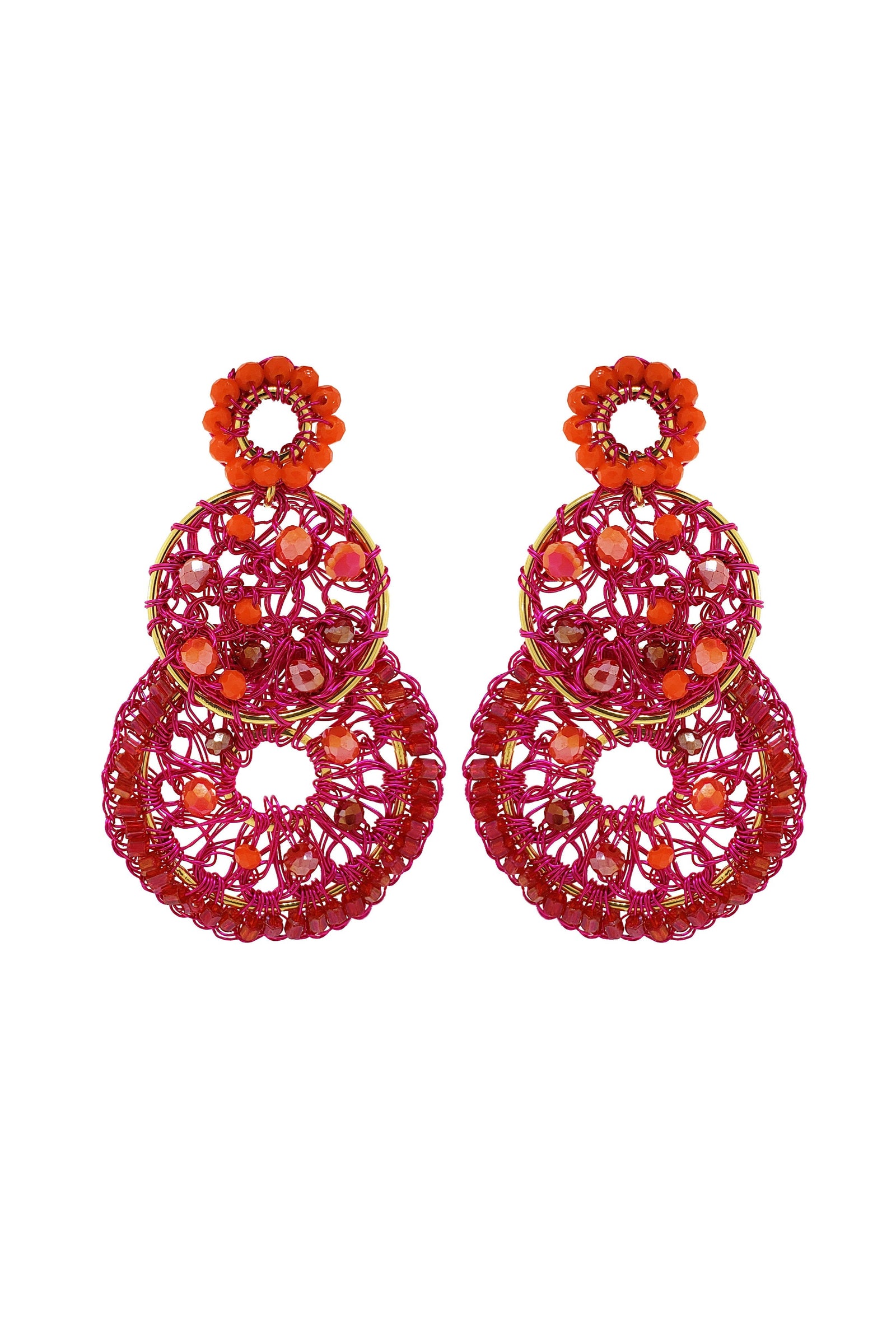 Pair of pink and orange beaded earrings on a white background
