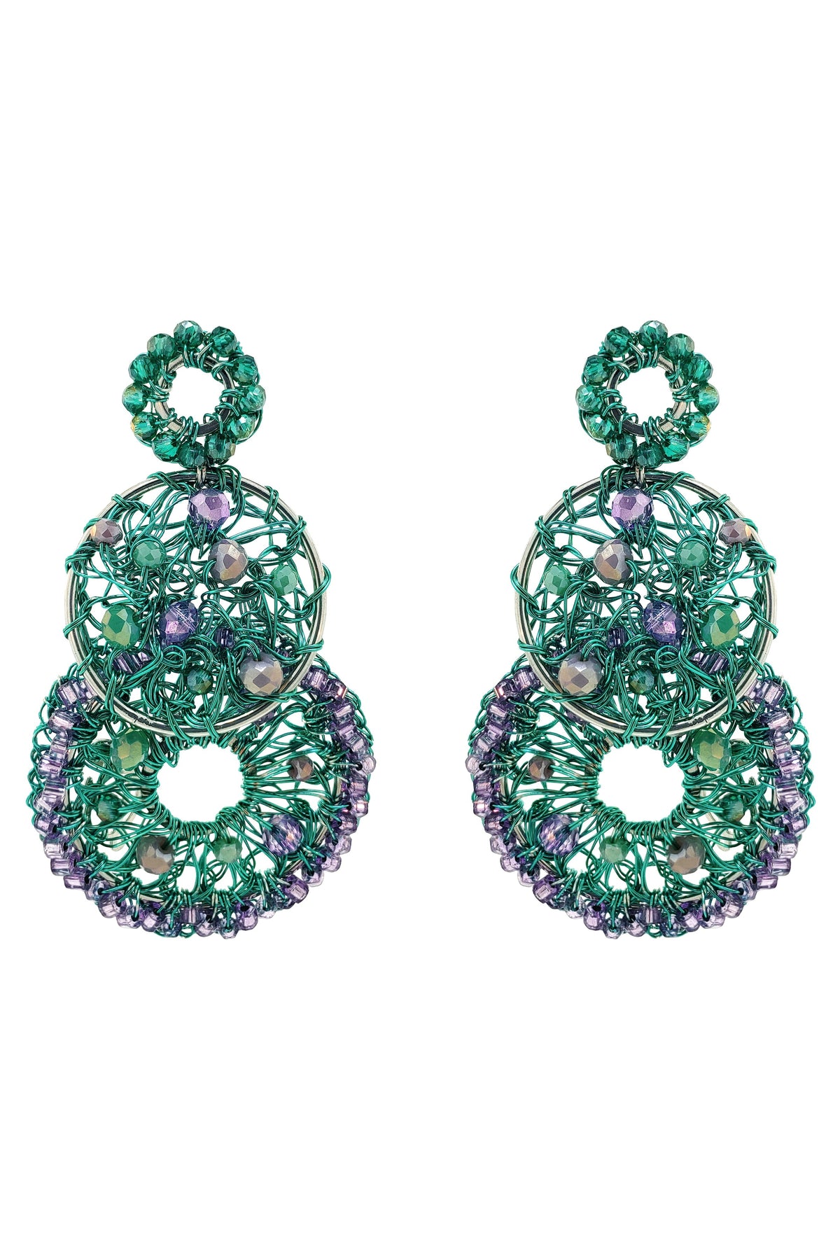 Pair of green beaded earrings on a white background