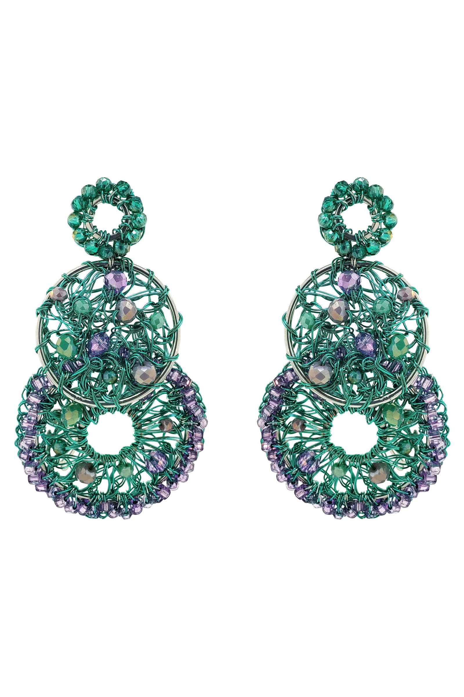 Pair of green beaded earrings on a white background