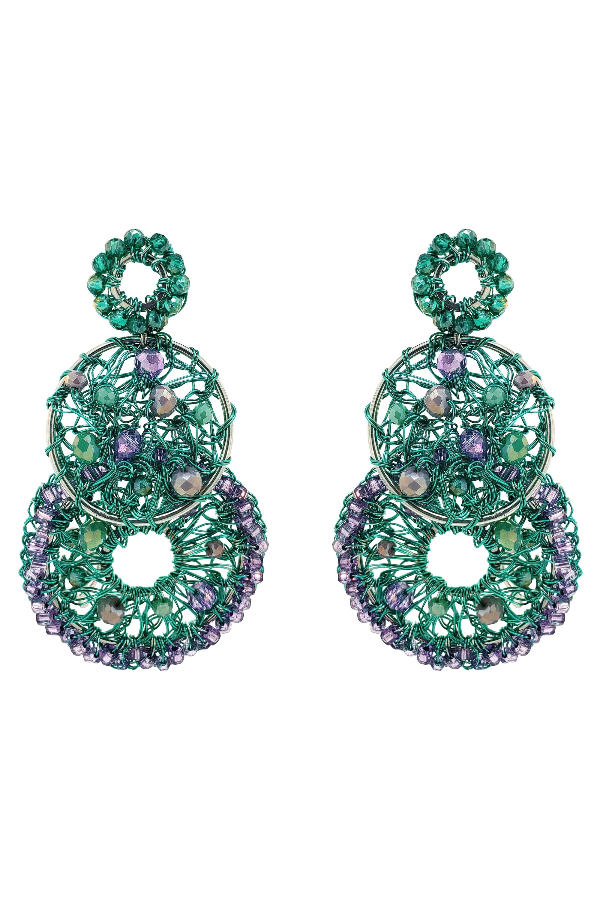 Pair of green beaded earrings on a white background