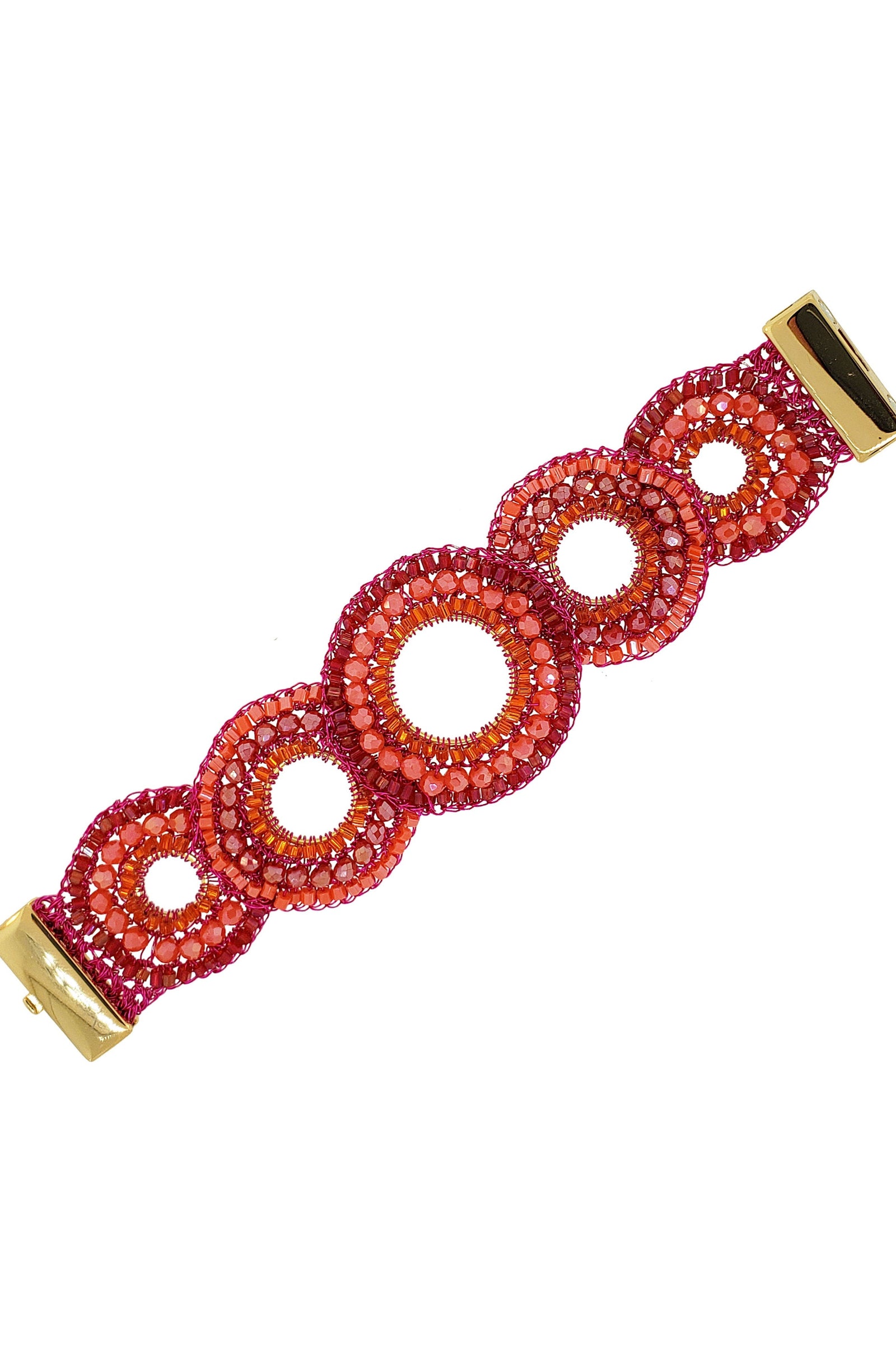 Red beaded bracelet with gold clasp on a white background