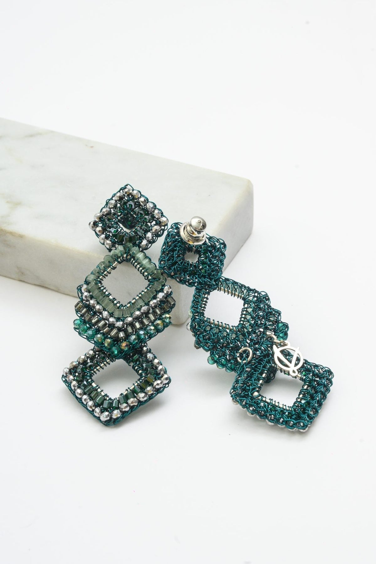Moss Green Mix Tiles Cascade Handmade Crochet Earrings