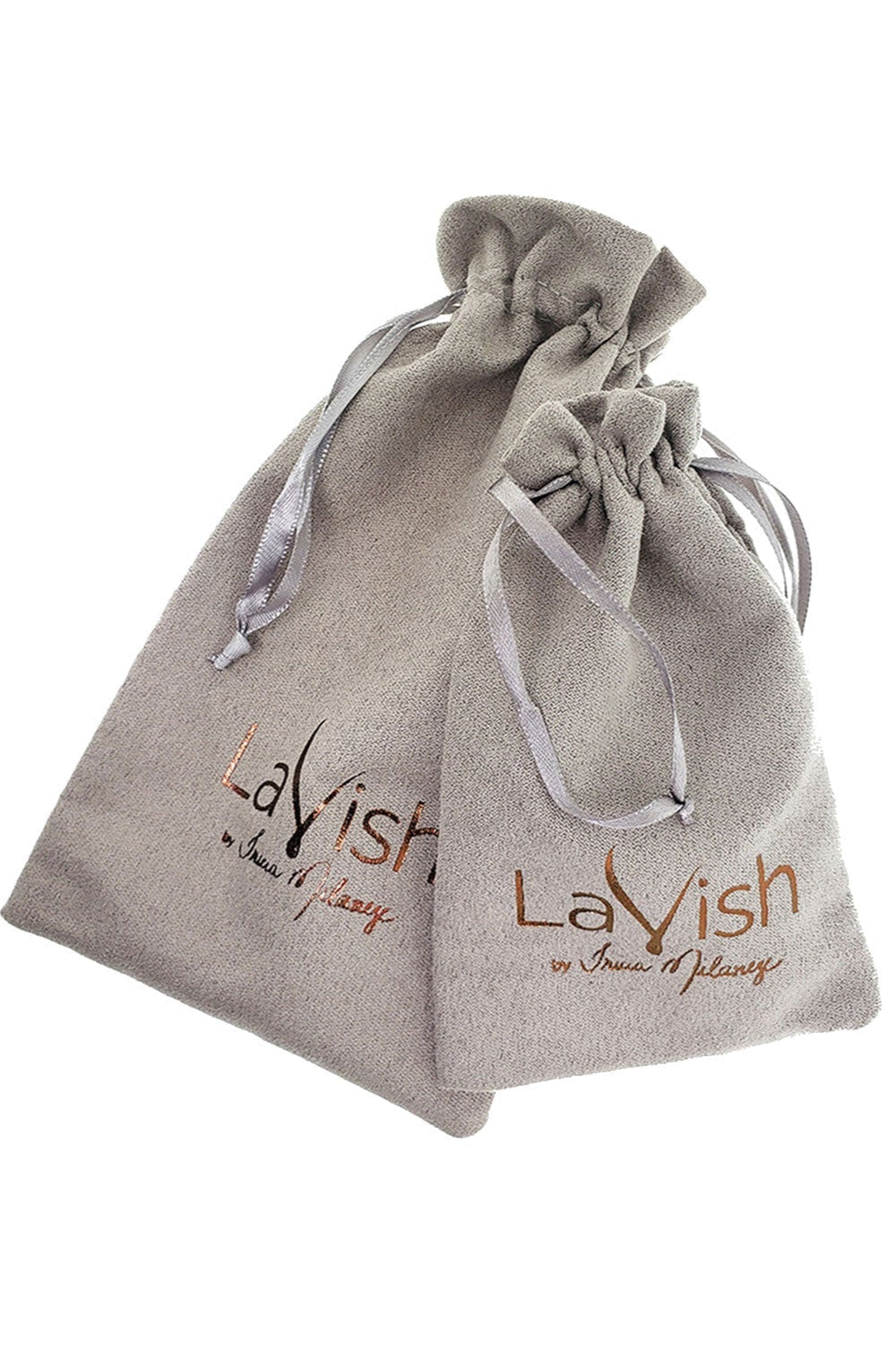 Two gray drawstring bags with &#39;LaVish&#39; branding on a white background