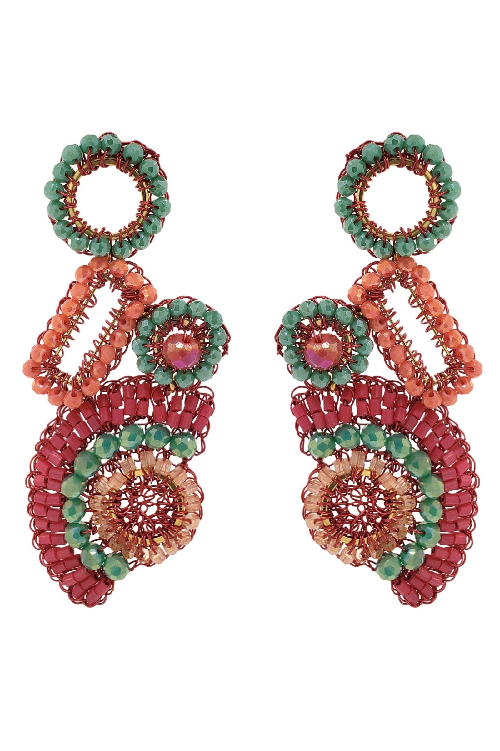 Pair of beaded earrings with red, green, and orange colors on a white background