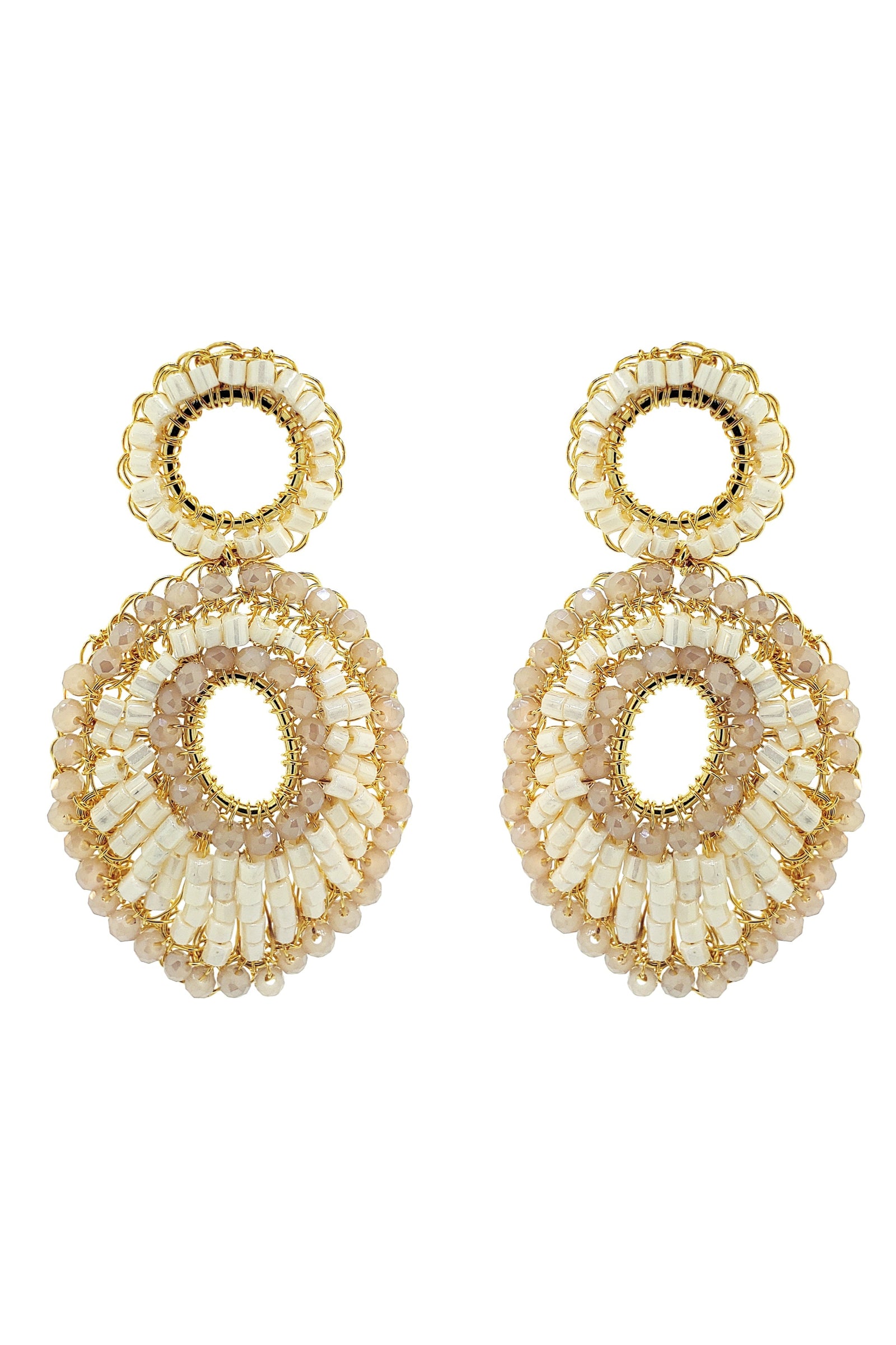 Pair of gold and beige beaded earrings on a white background