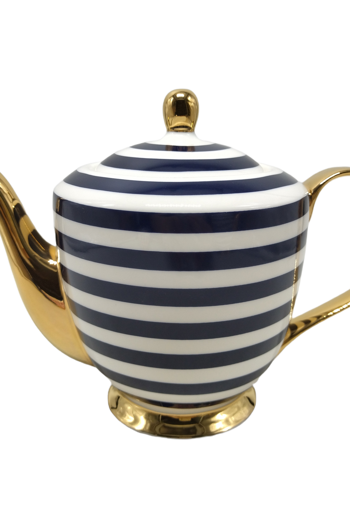 Teapot with navy and white stripes and gold accents on a white background