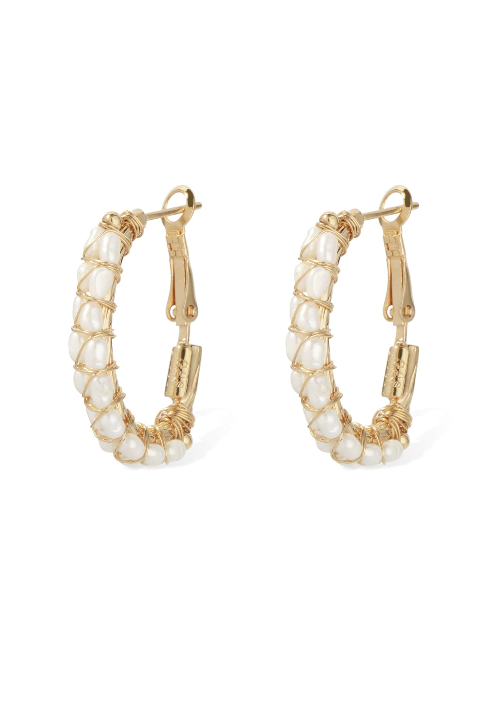 This image displays a pair of lyre hoop earrings, designed with elegance and simplicity. The earrings feature small, circular lyre beads strung along a thin, gold-tone hoop.