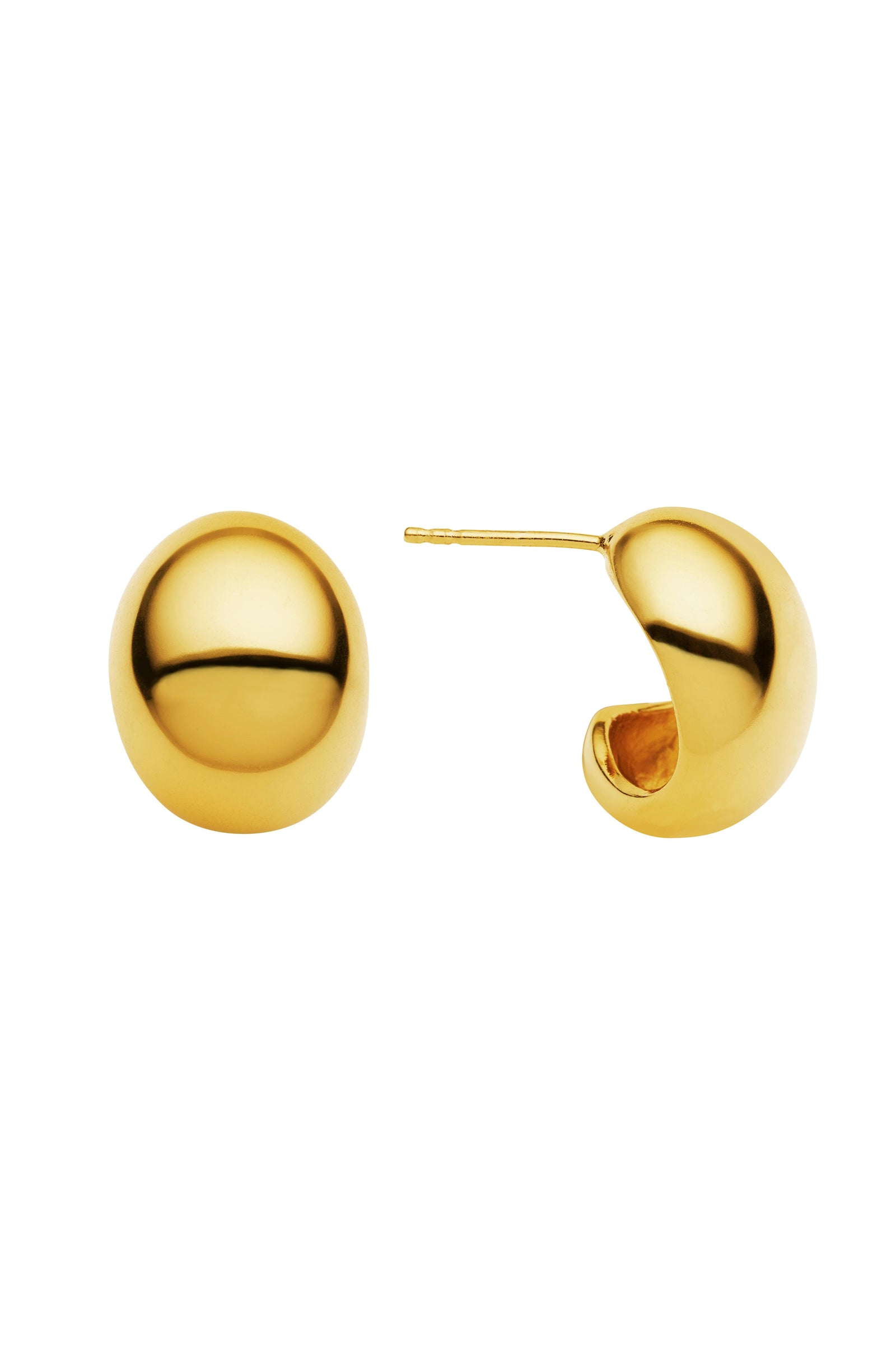 A pair of gold-colored, polished curved silhouette earrings on a white background.