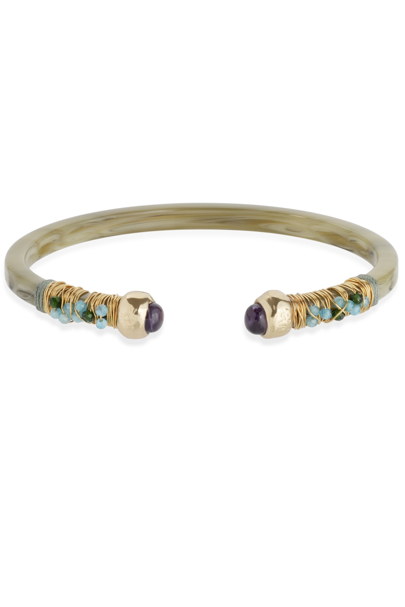 A bracelet with gold-colored metal and blue stones