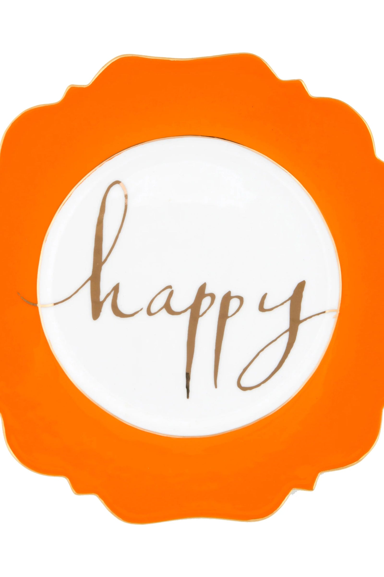 An orange side plate with the word 'happy' written in a cursive script in the center.