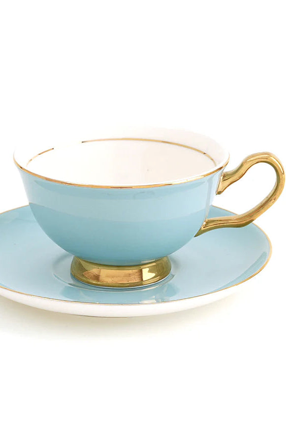 A pale blue ceramic teacup with gold trim on the cup and saucer, with a volume capacity of 250mL.