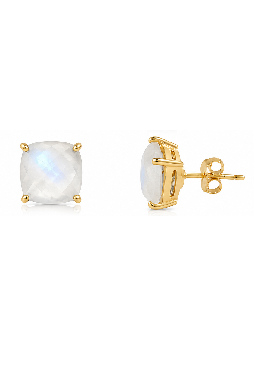 MZ017 - Rainbow Moonstone Cushion Shape Bezel Stud Gemstone Silver Earring