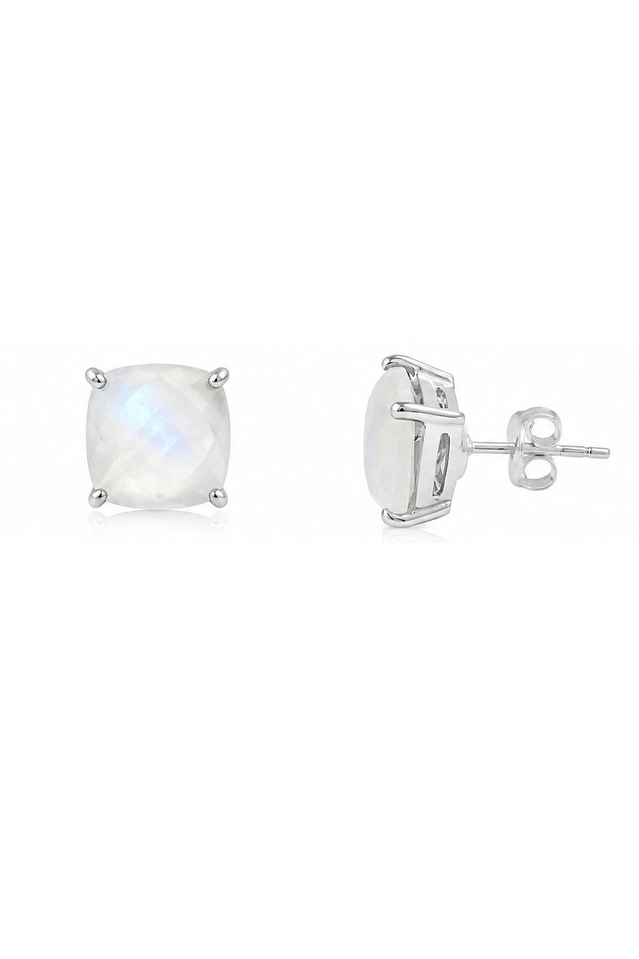 MZ017 - Rainbow Moonstone Cushion Shape Bezel Stud Gemstone Silver Earring