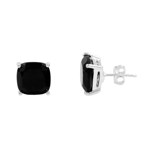 MZ017 - Black Onyx Cushion Shape Bezel Stud Gemstone Silver Earring