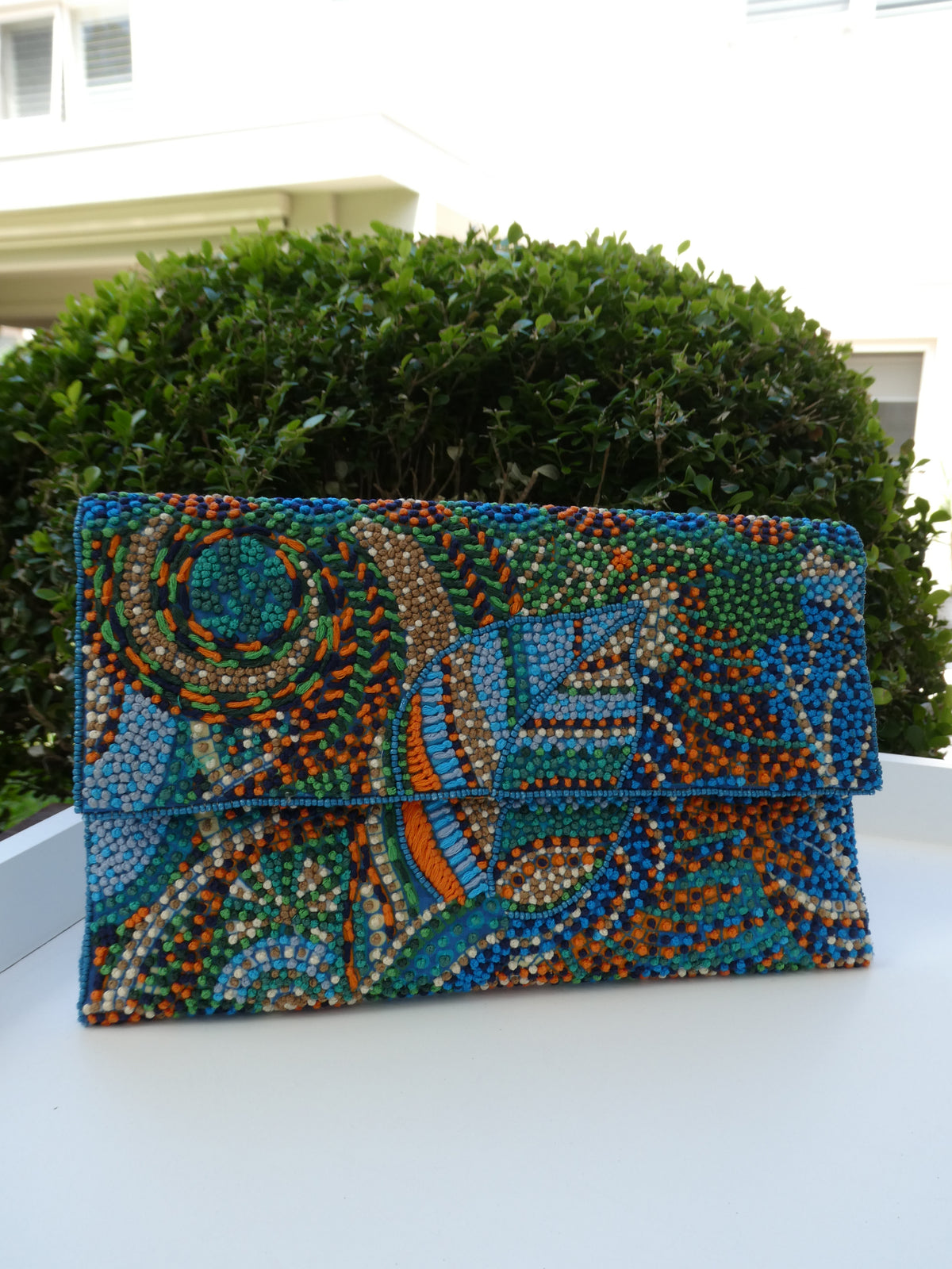 Embroidered Handmade Clutches  -Blue Orange Green Garden