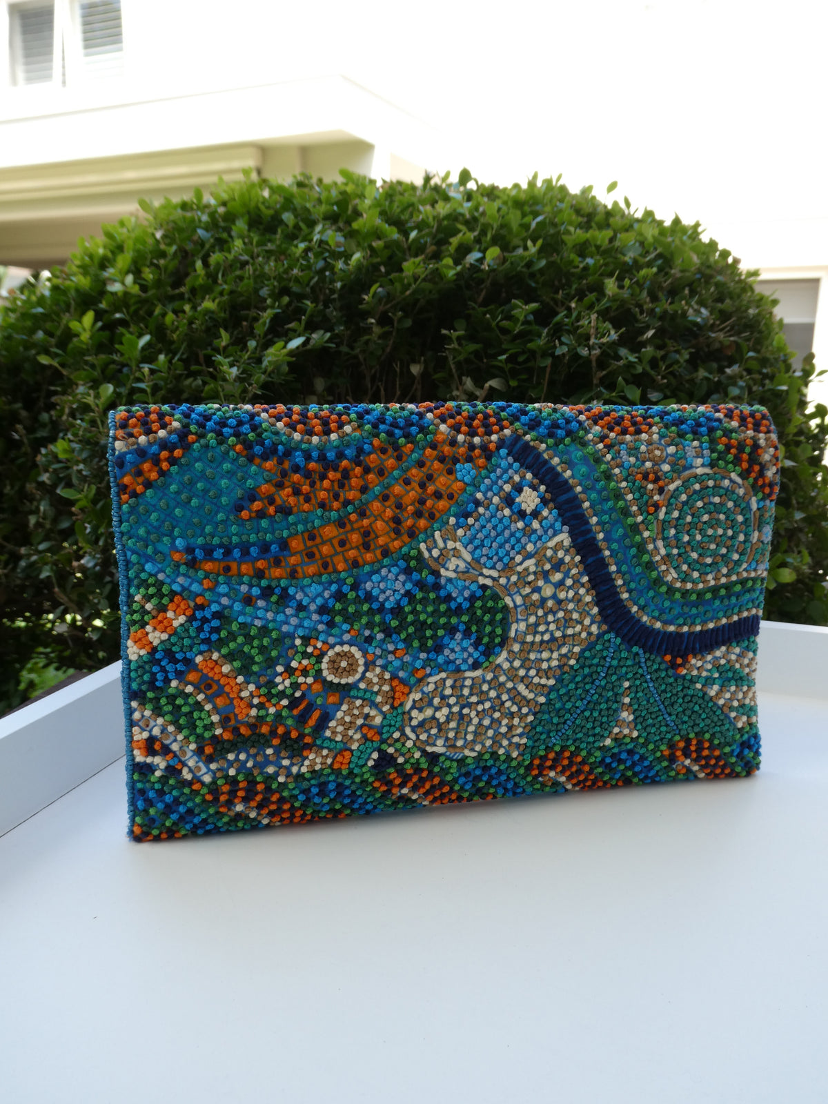 Embroidered Handmade Clutches  -Blue Orange Green Garden