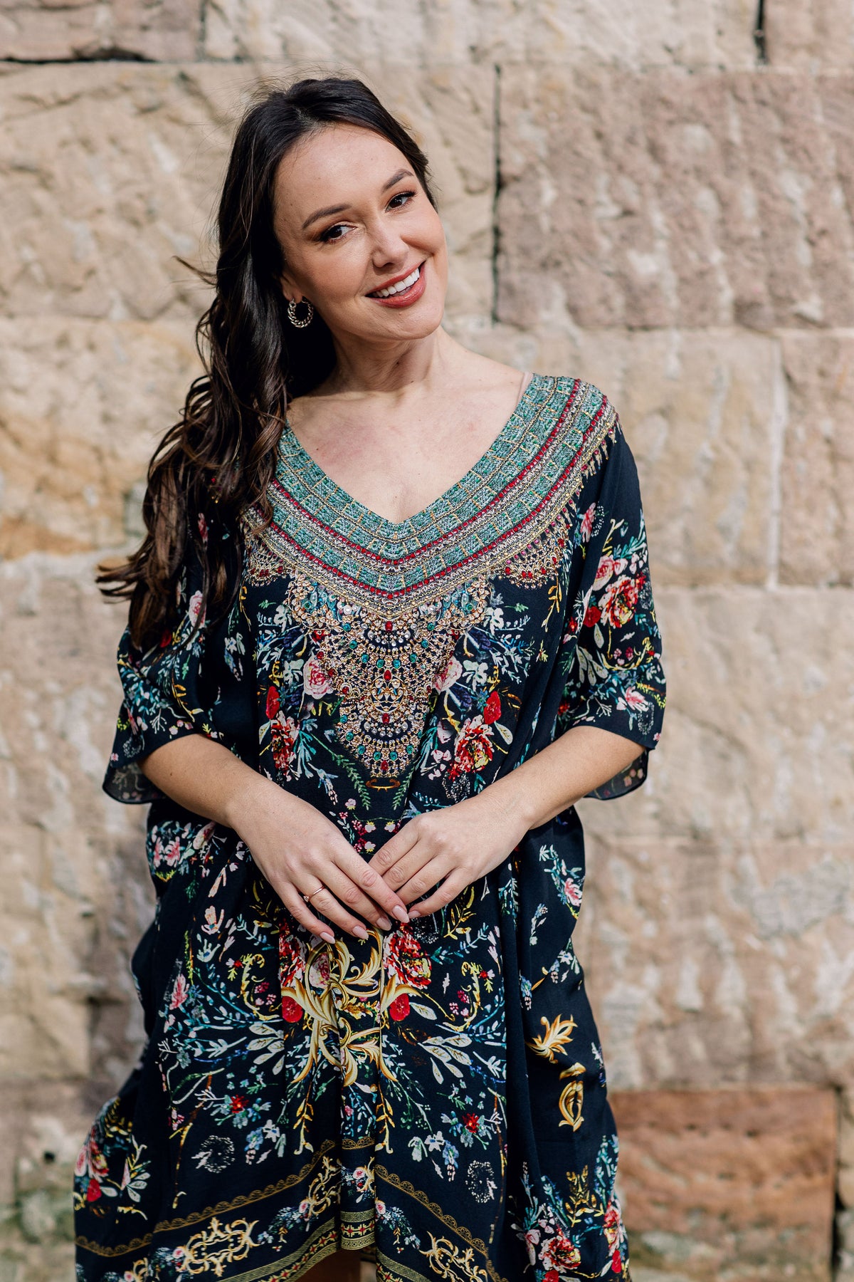 Night Garden Short Kaftan - V Neck