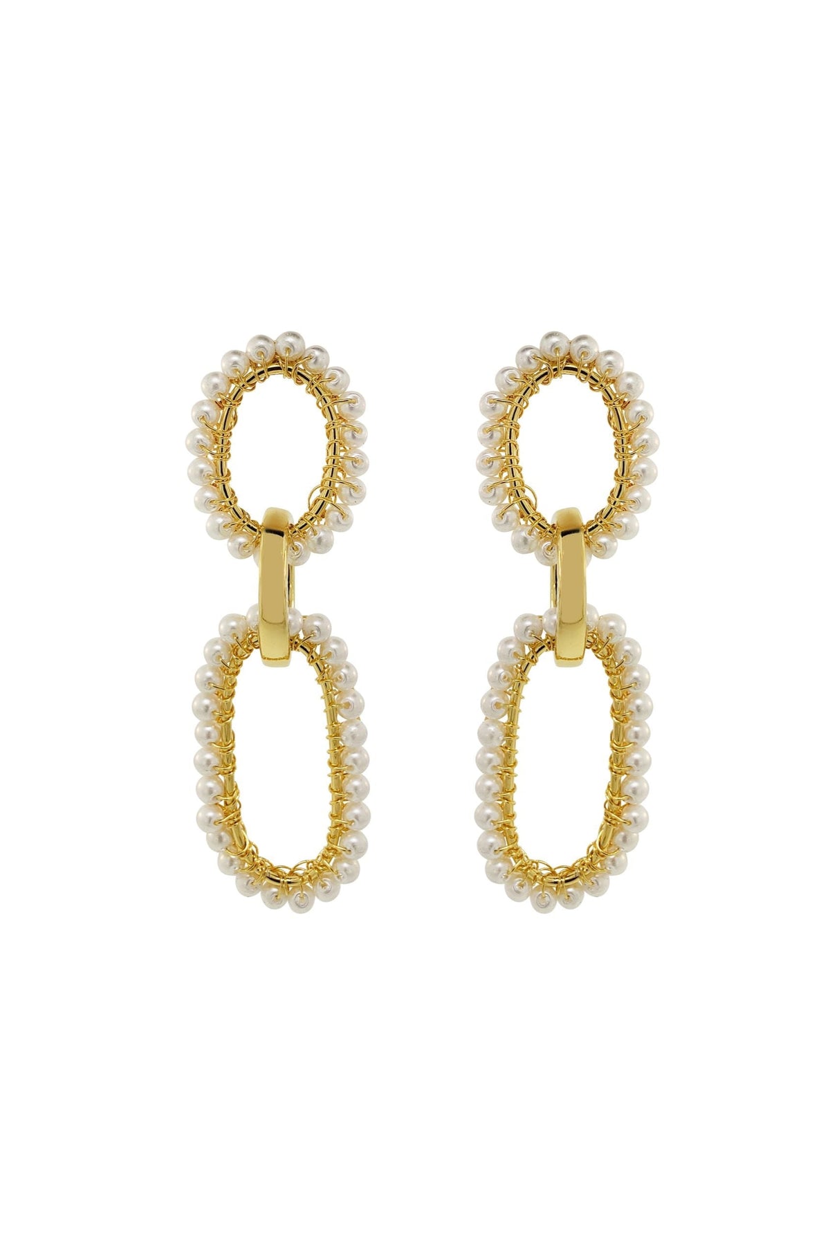 Gold and pearl earrings on a white background