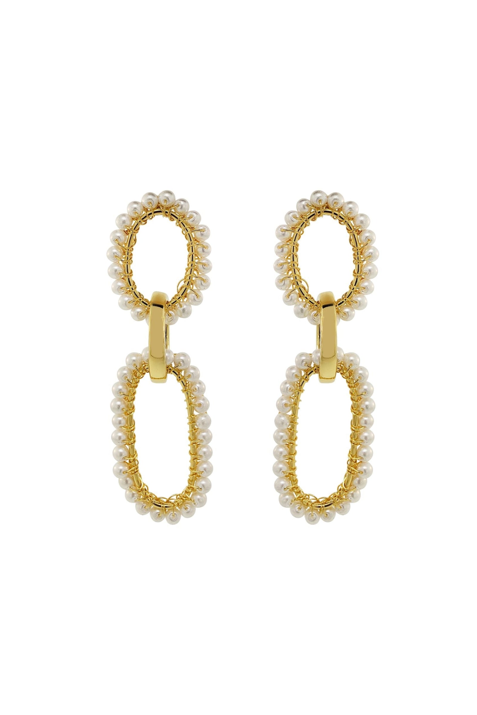 Gold and pearl earrings on a white background