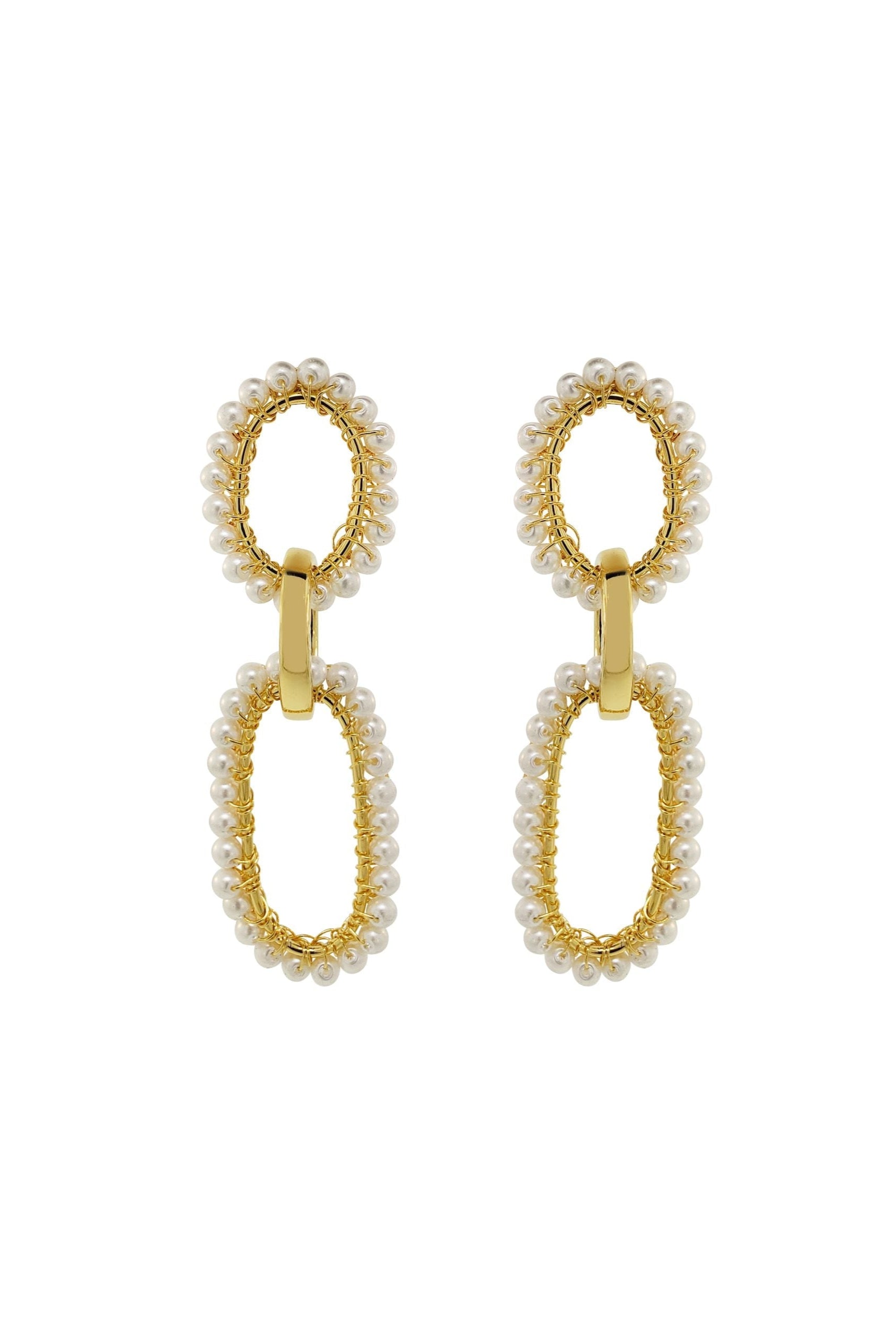 Gold and pearl earrings on a white background
