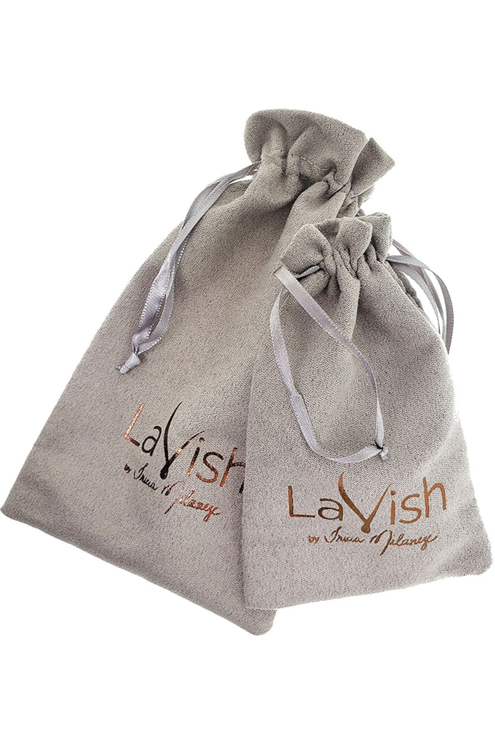 Gray drawstring bag with &#39;LaVish&#39; branding on a white background