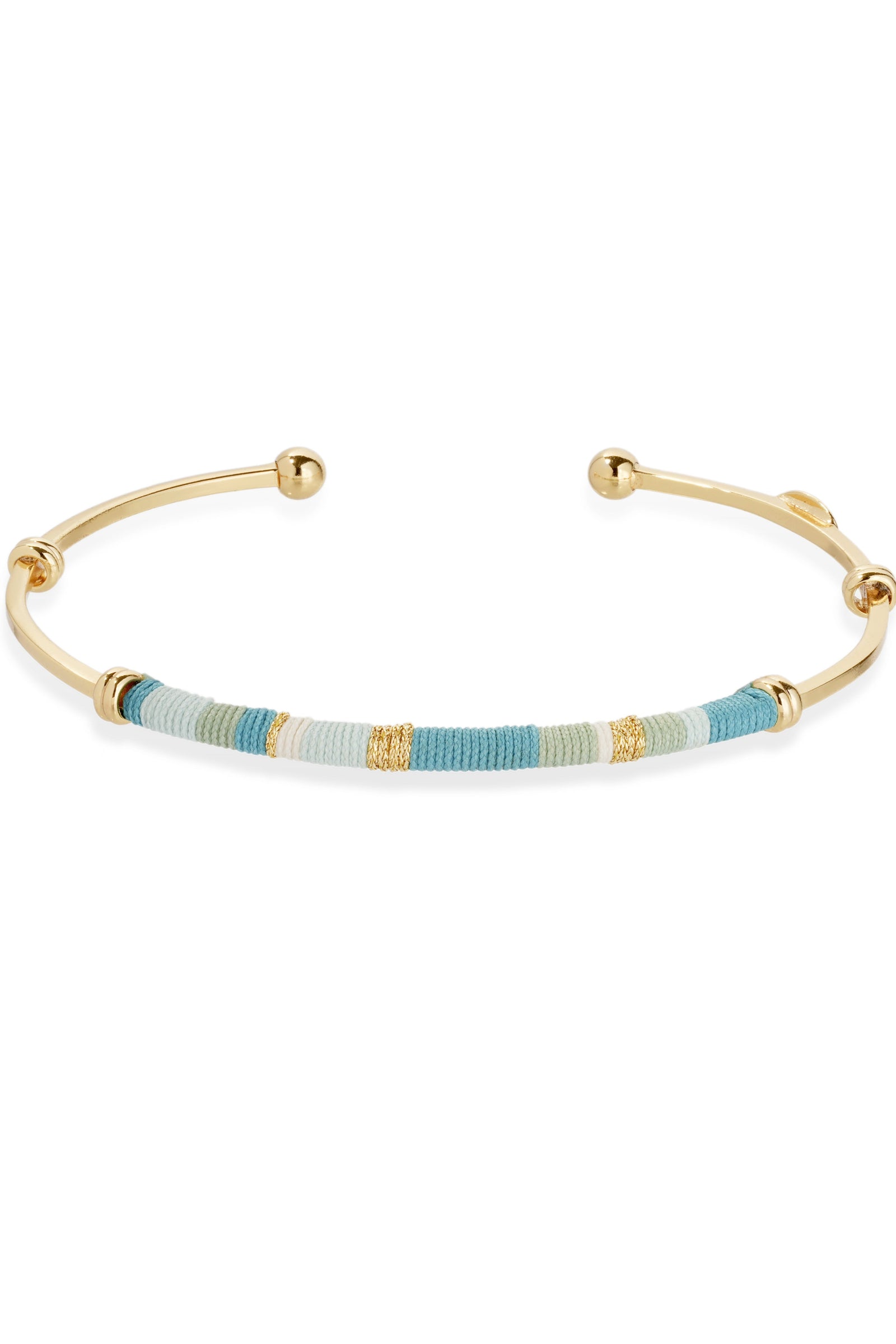 Gold bracelet with blue and green beads on a white background