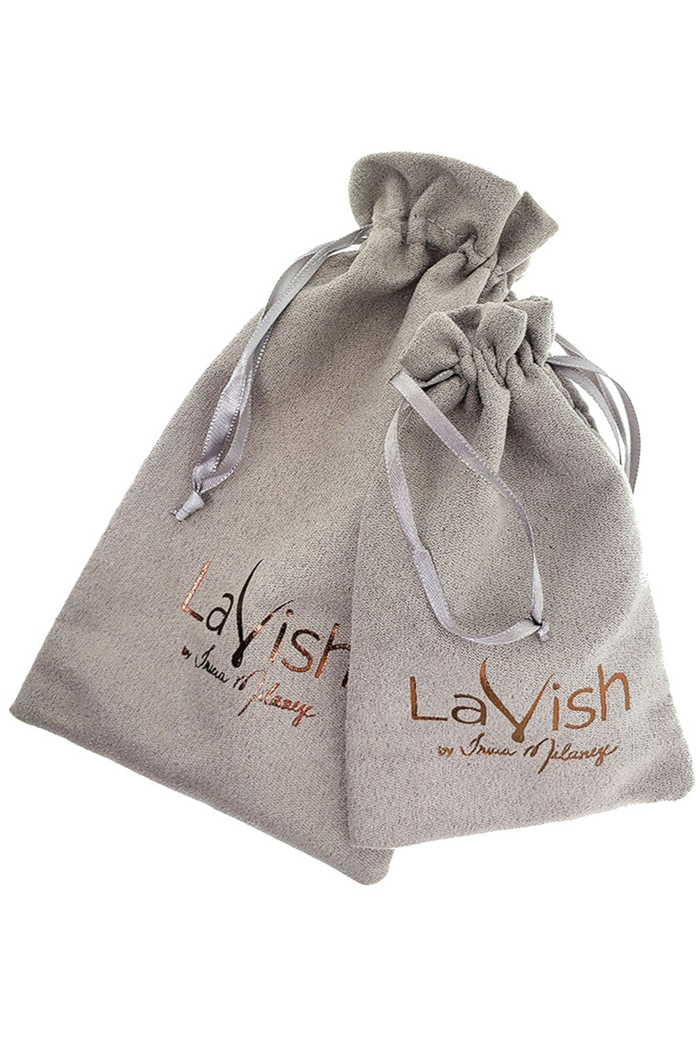 Two gray drawstring bags with &#39;LaVish&#39; branding on a white background