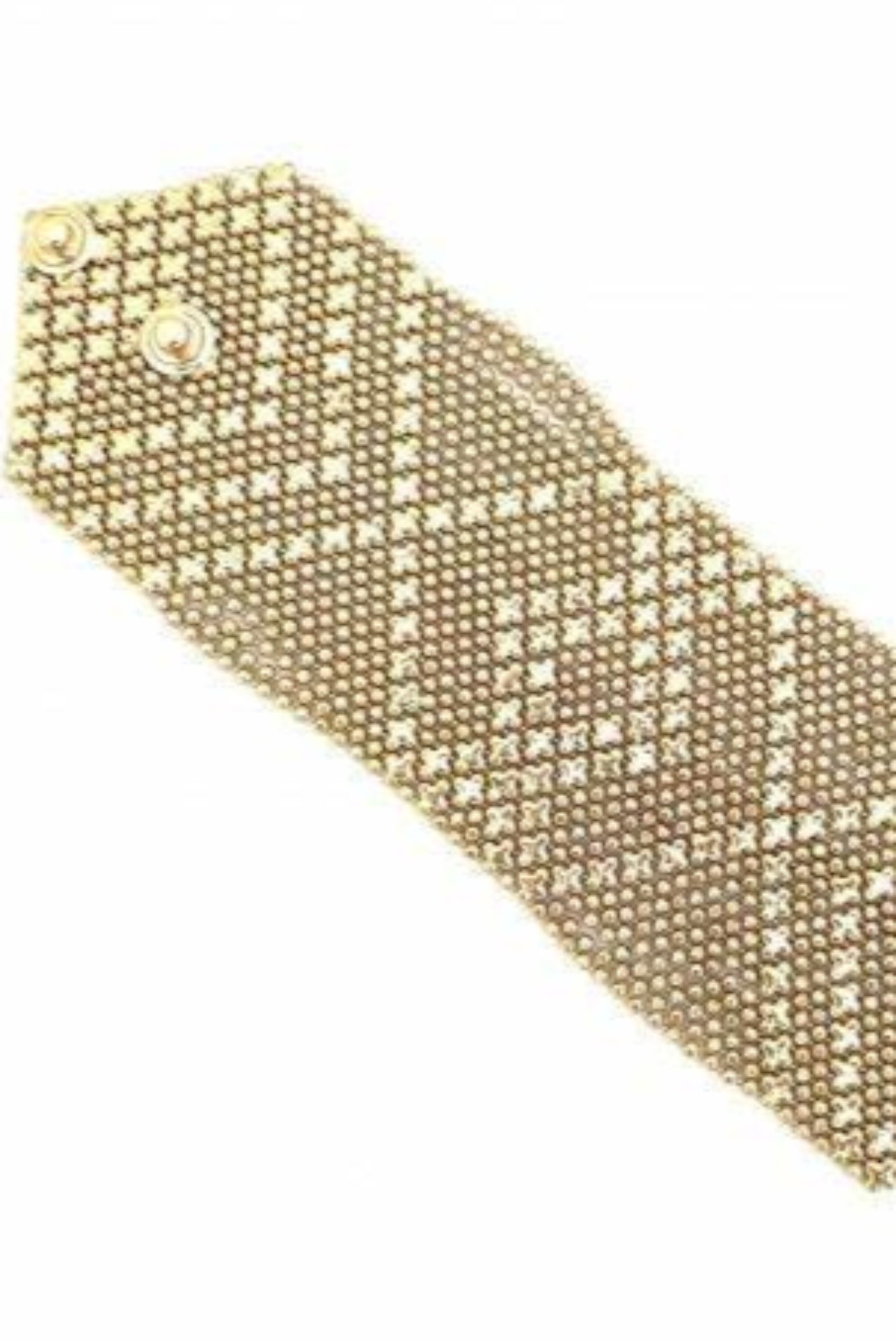 A gold-plated bracelet with a geometric pattern of linked ball chains and star motifs.