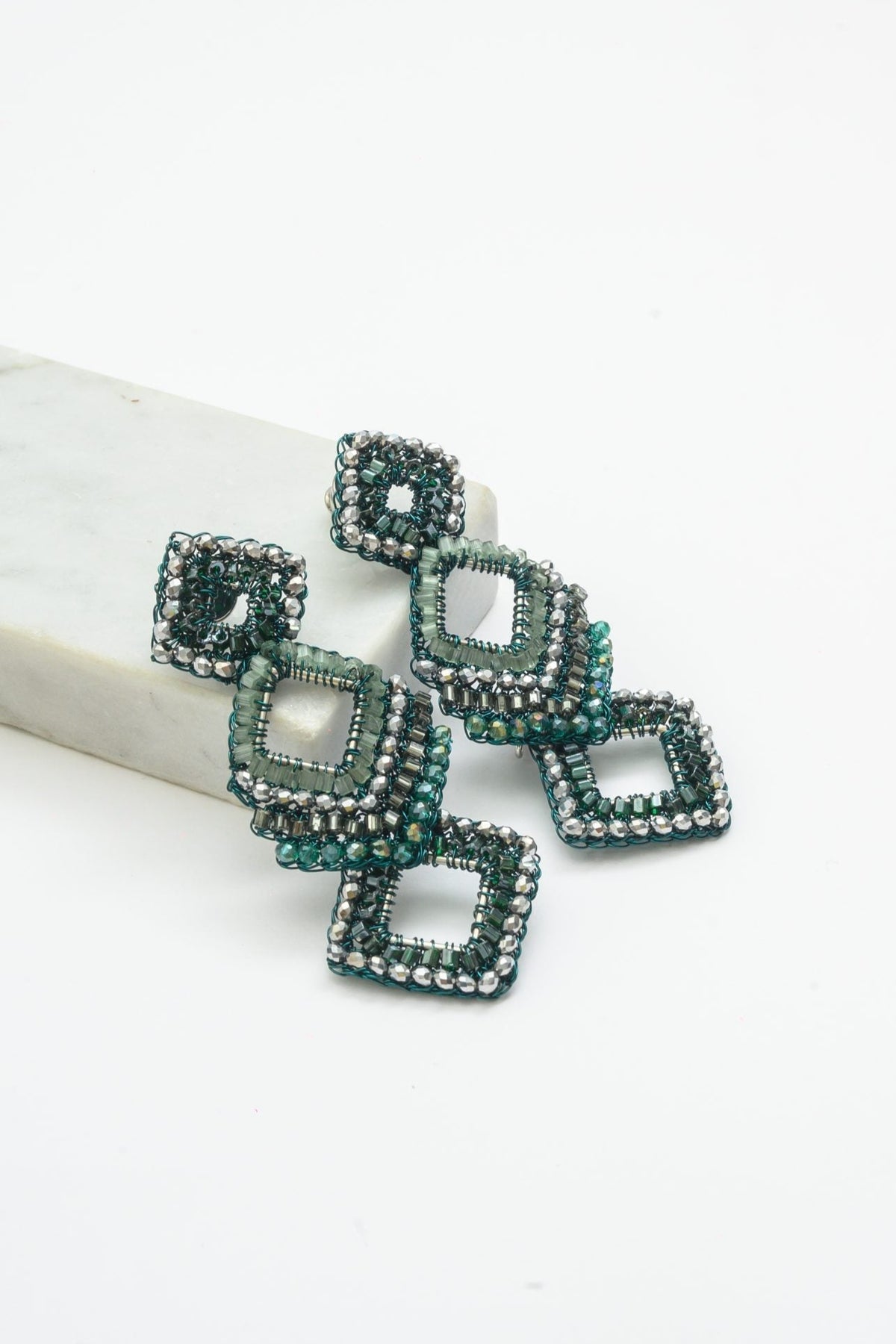 Moss Green Mix Tiles Cascade Handmade Crochet Earrings