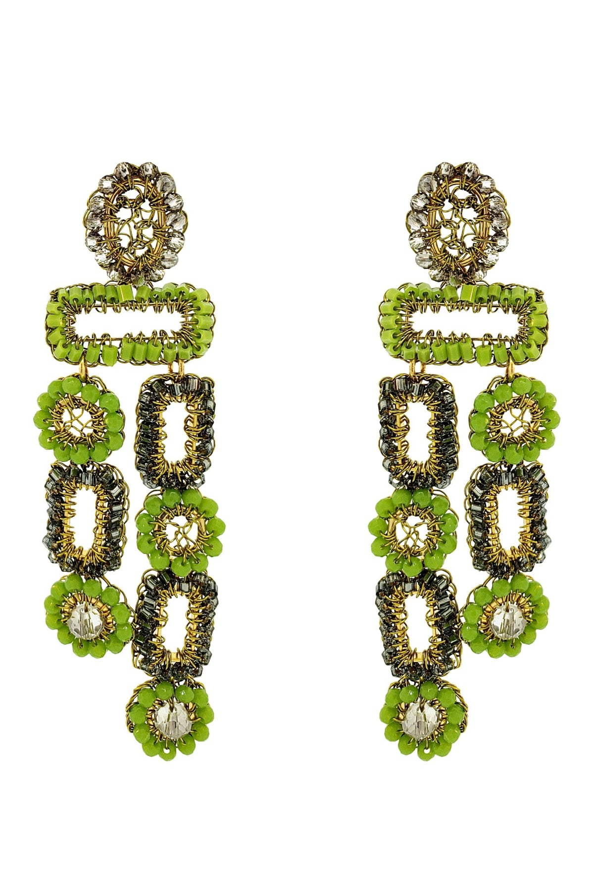 Pair of green and gold earrings on a white background