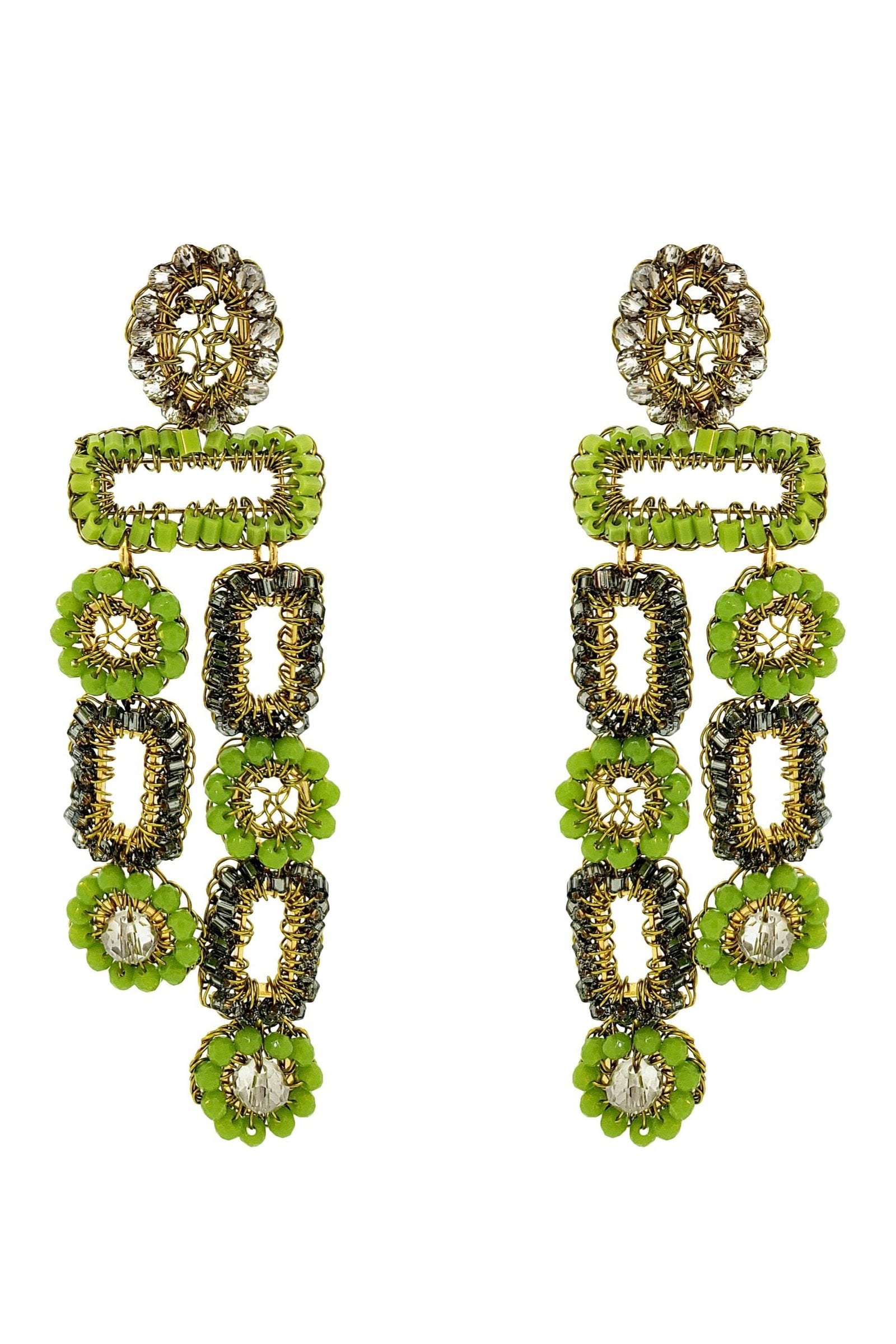 Pair of green and gold earrings on a white background