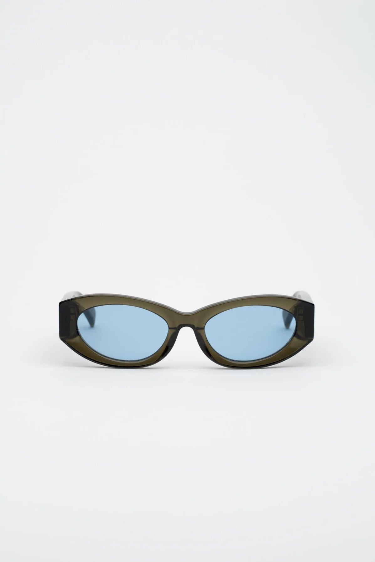 Sunglasses with green frame and blue lenses on a white background